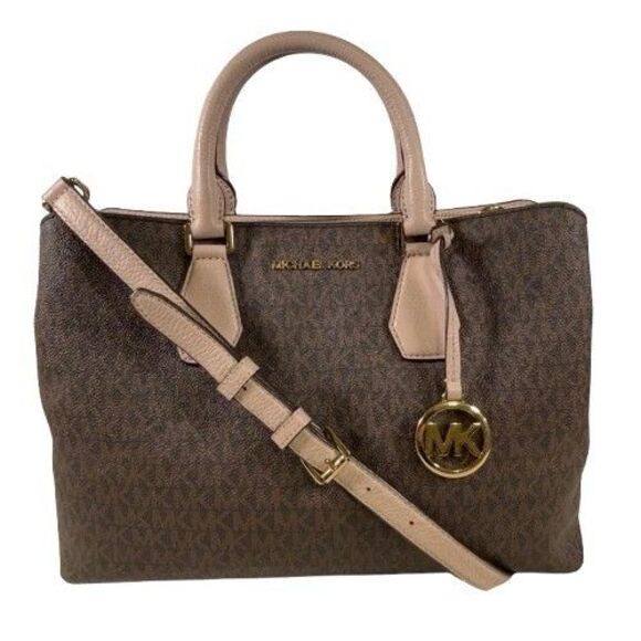 Michael Kors Camille Signature Logo & Leather Satchel Shoulder Bag Brown Pink - Picture 1 of 16